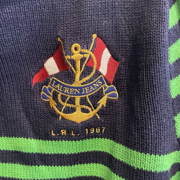 Vtg Ralph Lauren Nautical Green Sweater L Blue Stripe Embroider Preppy Fisherman - Picture 4 of 9